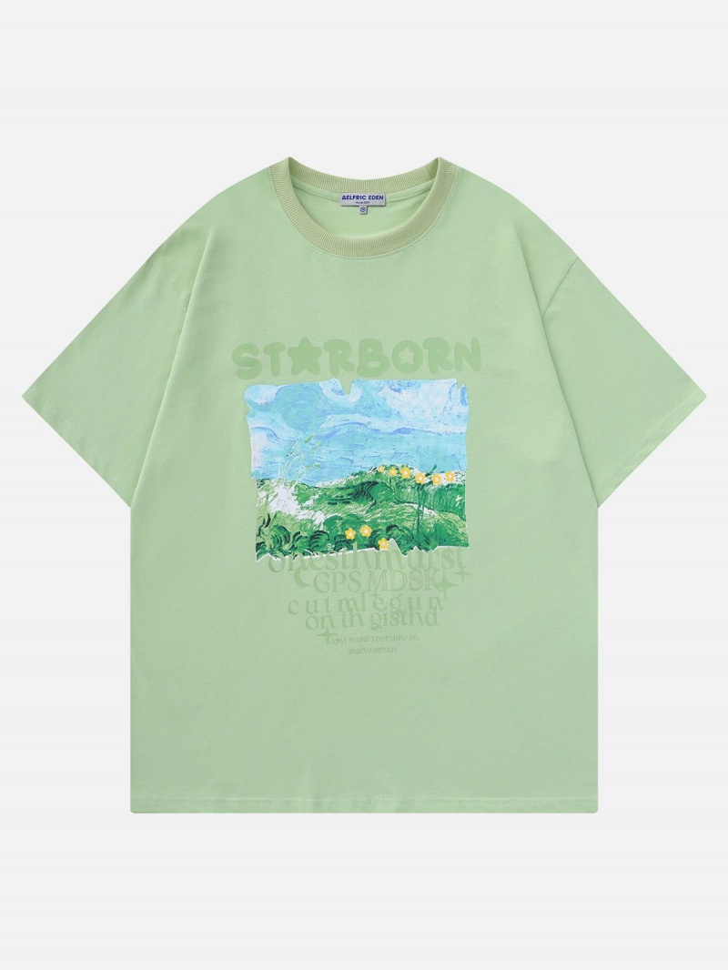 T Shirts Aelfric Eden Grassland Oil Painting Print Tee Abricot | KIL-88639465